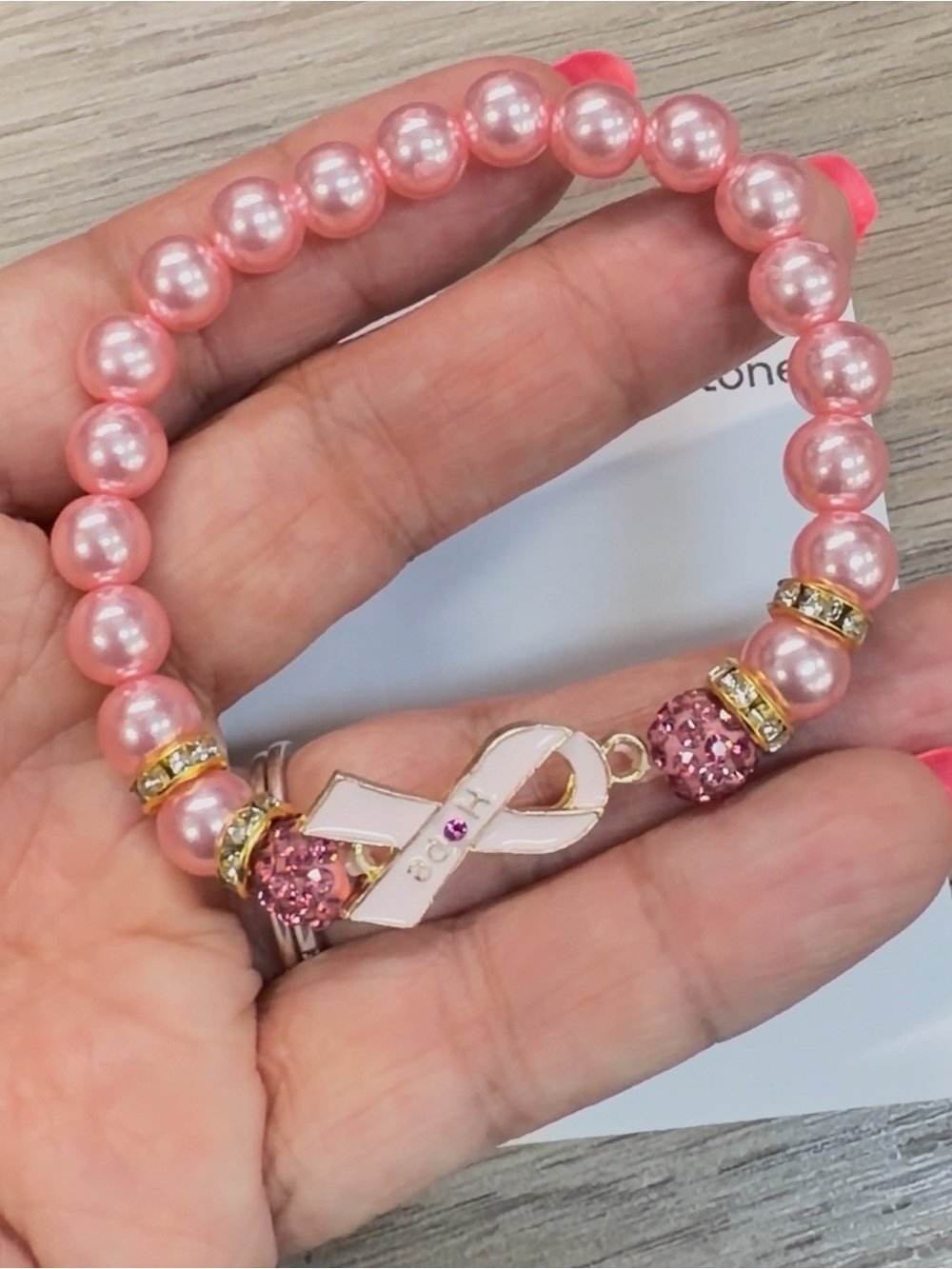 Pink Pearl Breast Cancer Awareness Ribbon Stretch Bracelet